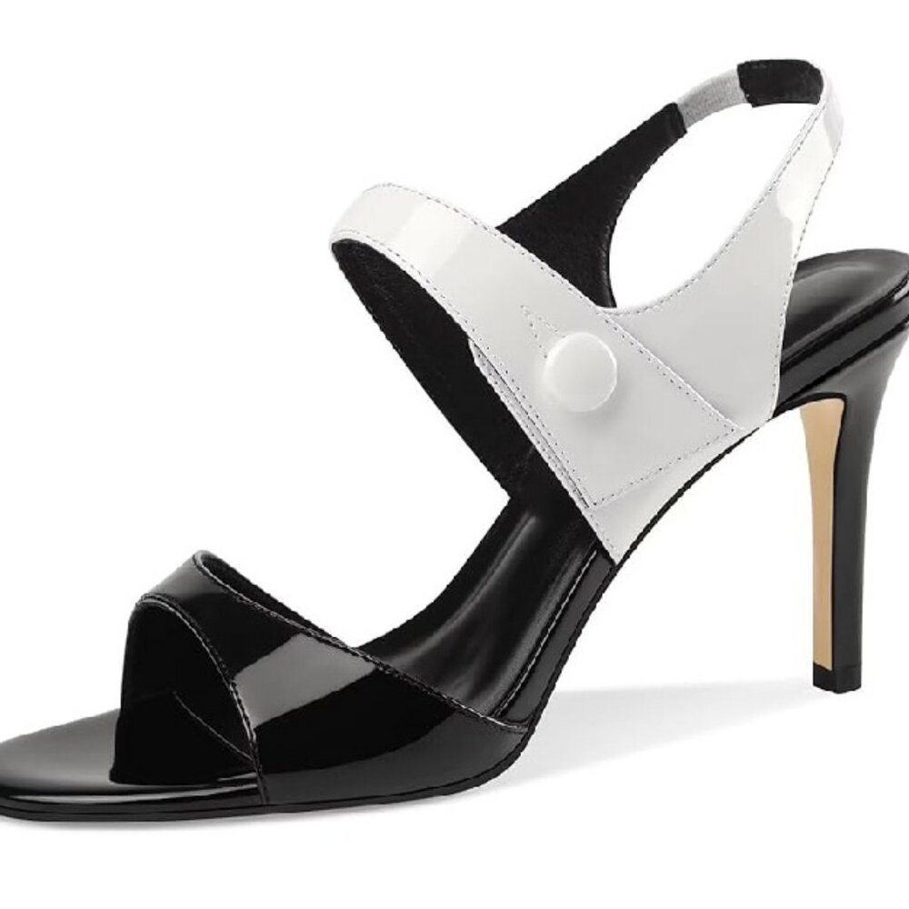 NIB. Open Toe, Slingback PU Leather, Black & White Color Blocked Heels. Size 8.5 - Picture 5 of 5